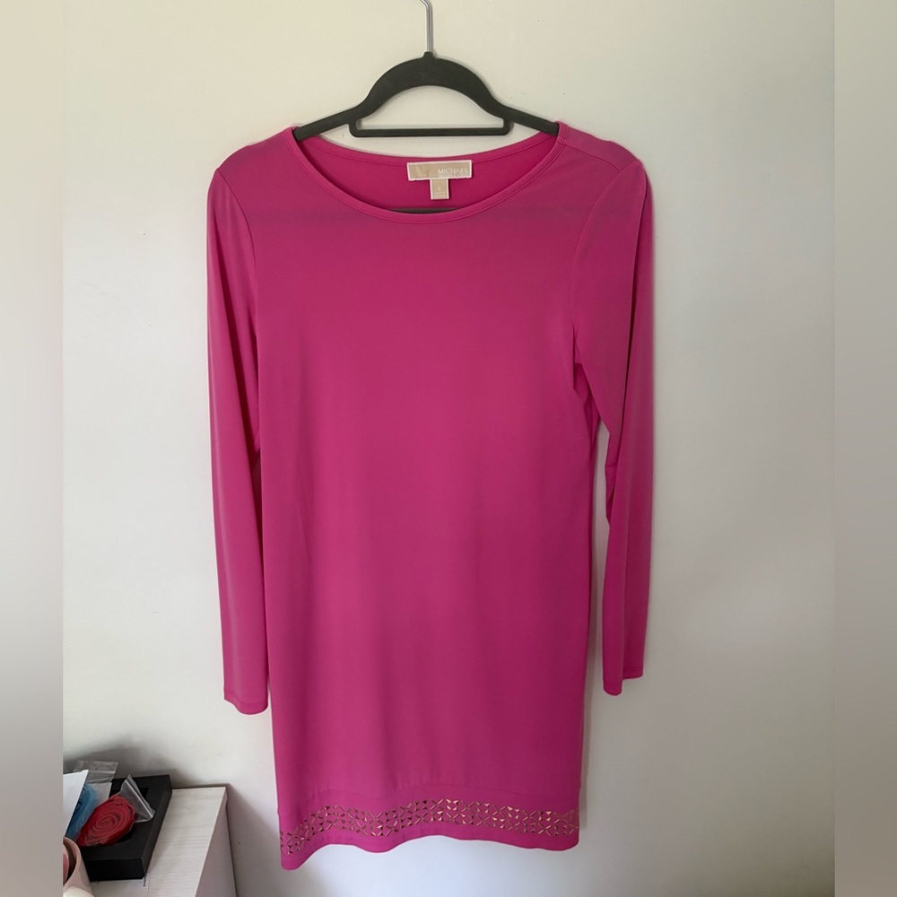MICHAEL Michael Kors Pink Long Sleeve Dress with Gold Beading at bottom
